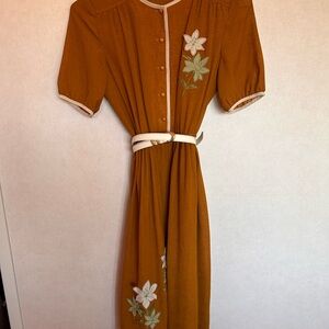 Vintage Mustard/Rust Midi Dress with White Trim and Embroidered Flowers